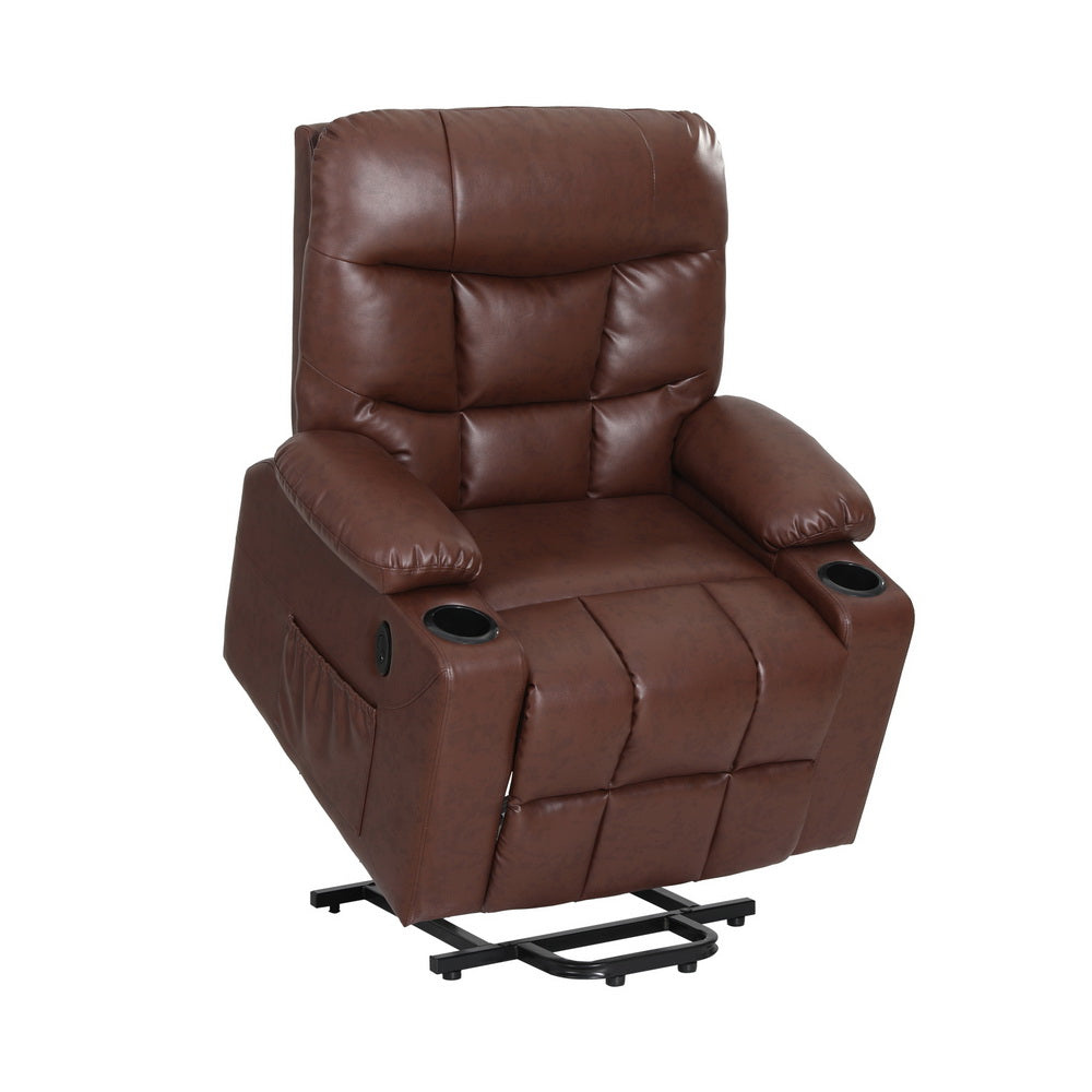 Artiss Lift Recliner Chair 8-Point Heated Massage 155° Recline Lumbar Heat PU Leather 180kg Brown