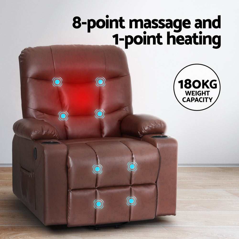 Artiss Lift Recliner Chair 8-Point Heated Massage 155° Recline Lumbar Heat PU Leather 180kg Brown