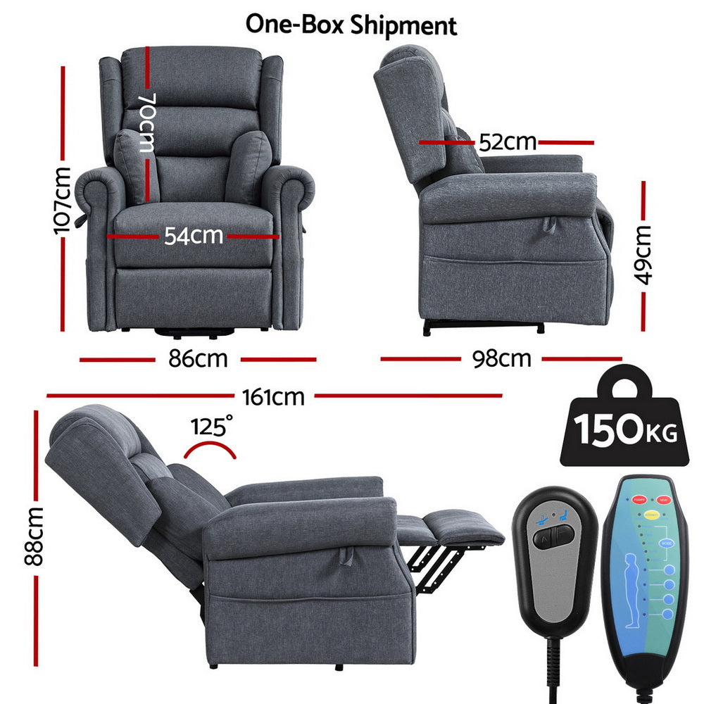 Artiss Lift Recliner Chair 8-Point Heated Massage 130° Recline Skin-Friendly Fabric Compact 150kg Grey