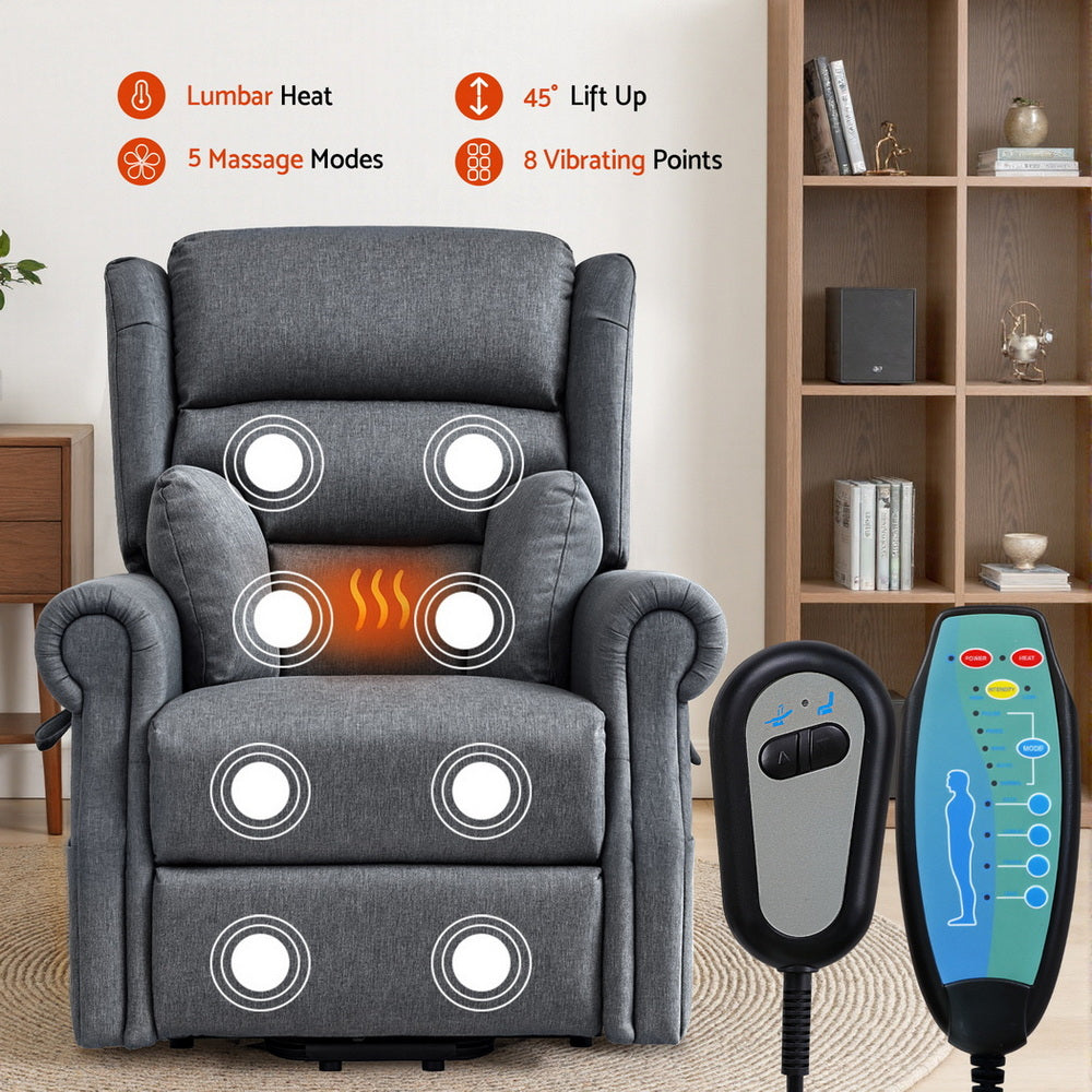 Artiss Lift Recliner Chair 8-Point Heated Massage 130° Recline Skin-Friendly Fabric Compact 150kg Grey