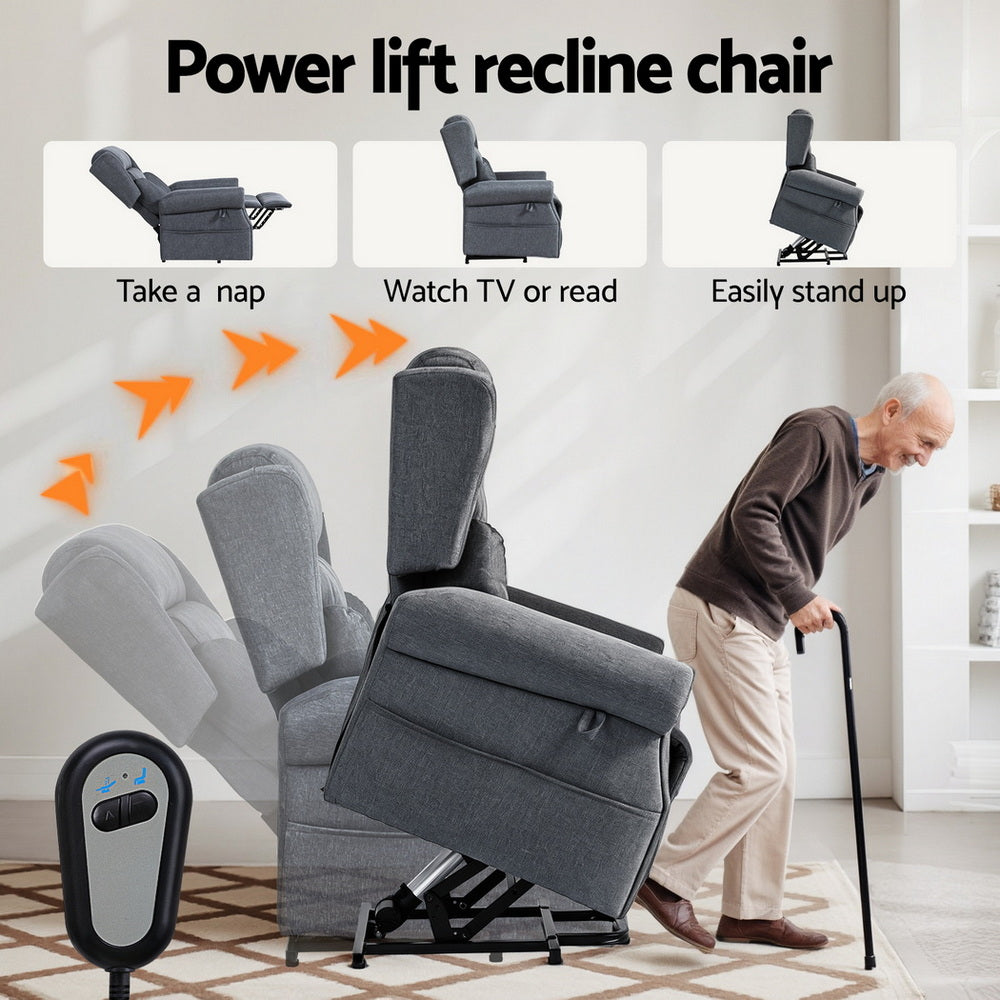 Artiss Lift Recliner Chair 8-Point Heated Massage 130° Recline Skin-Friendly Fabric Compact 150kg Grey