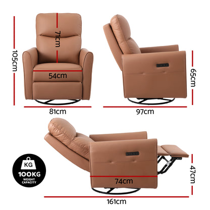 Artiss Power Recliner Swivel Chair PU Leather LED Lights USB Charging 240 Degree Swivel Brown