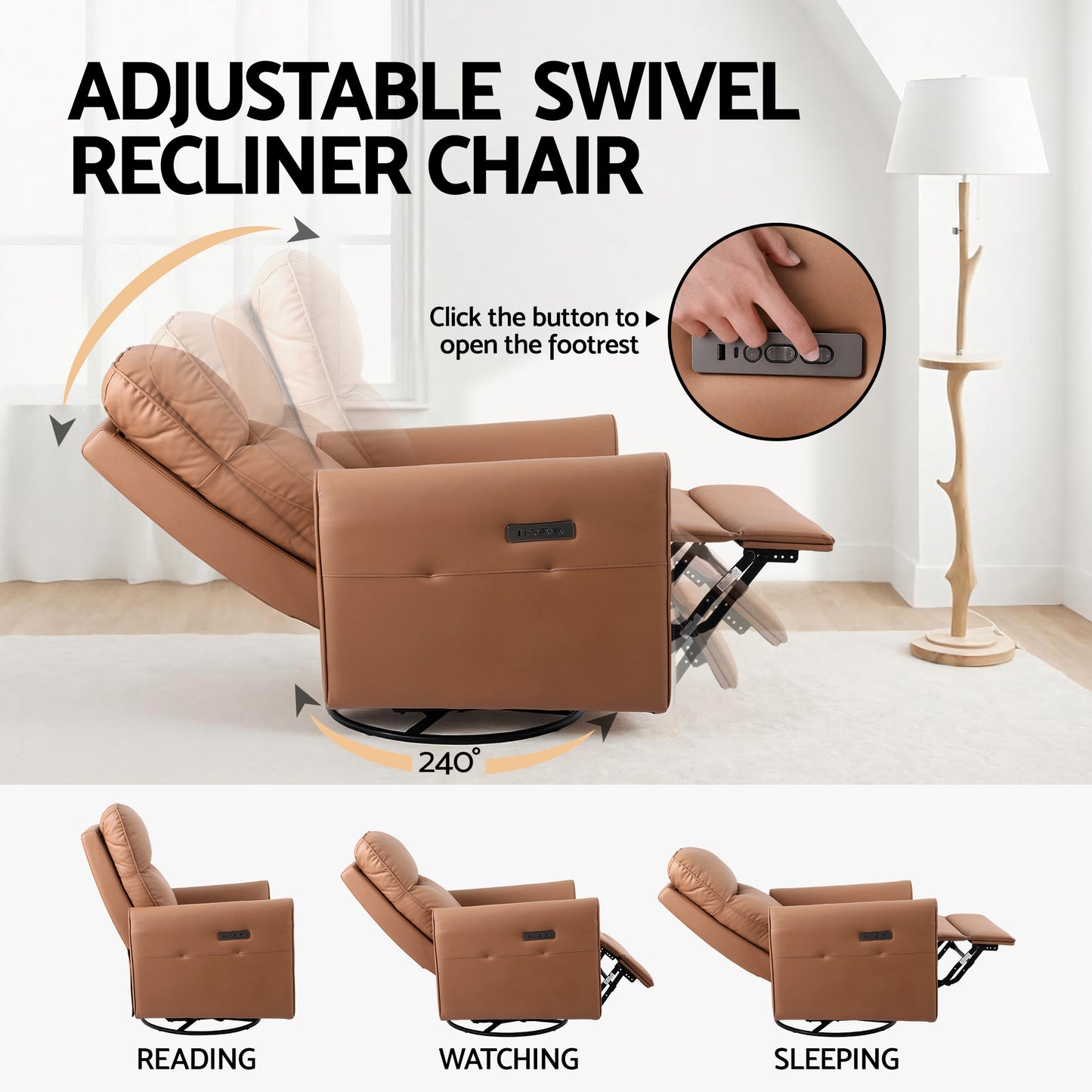 Artiss Power Recliner Swivel Chair PU Leather LED Lights USB Charging 240 Degree Swivel Brown