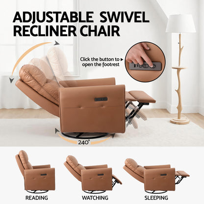 Artiss Power Recliner Swivel Chair PU Leather LED Lights USB Charging 240 Degree Swivel Brown