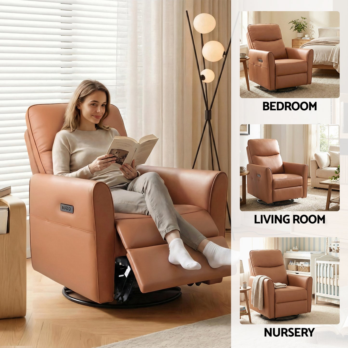 Artiss Power Recliner Swivel Chair PU Leather LED Lights USB Charging 240 Degree Swivel Brown