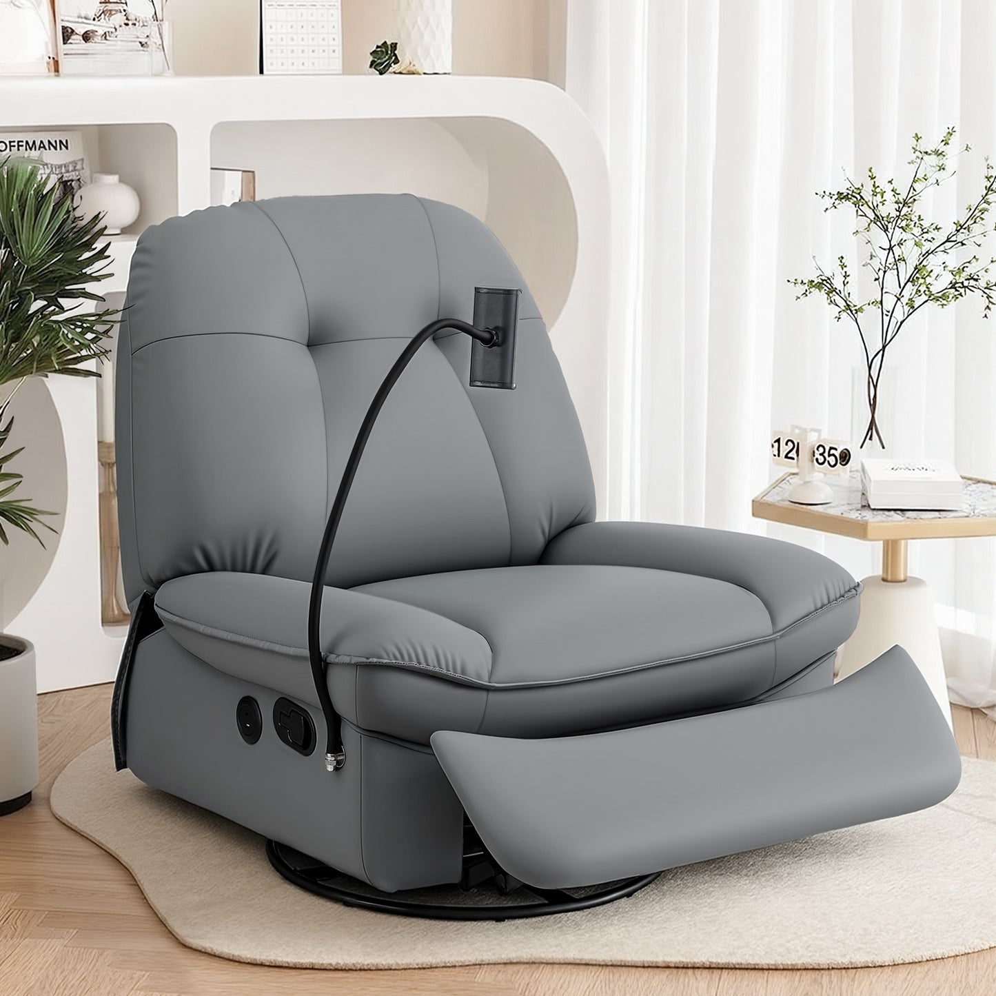Artiss Swivel Rocker Recliner with USB Ports | PU Leather | Grey