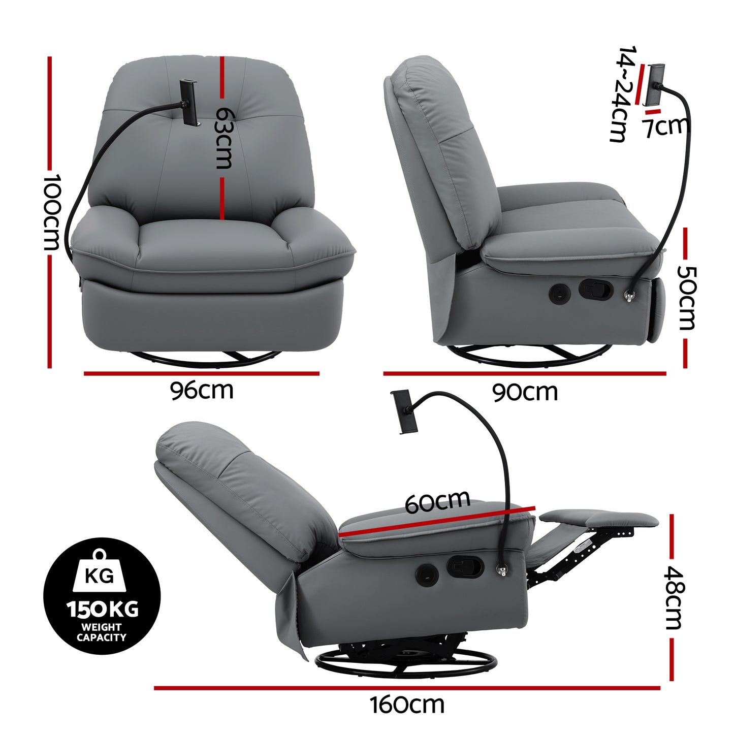 Artiss Swivel Rocker Recliner with USB Ports | PU Leather | Grey