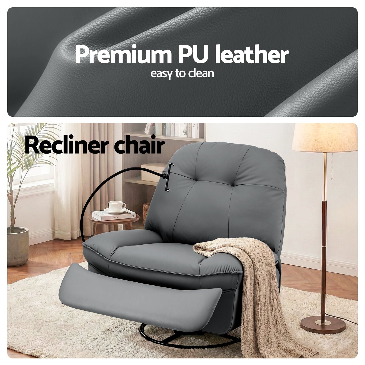 Artiss Swivel Rocker Recliner with USB Ports | PU Leather | Grey