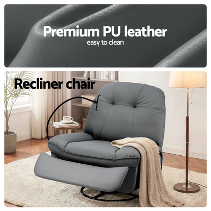 Artiss Swivel Rocker Recliner with USB Ports | PU Leather | Grey