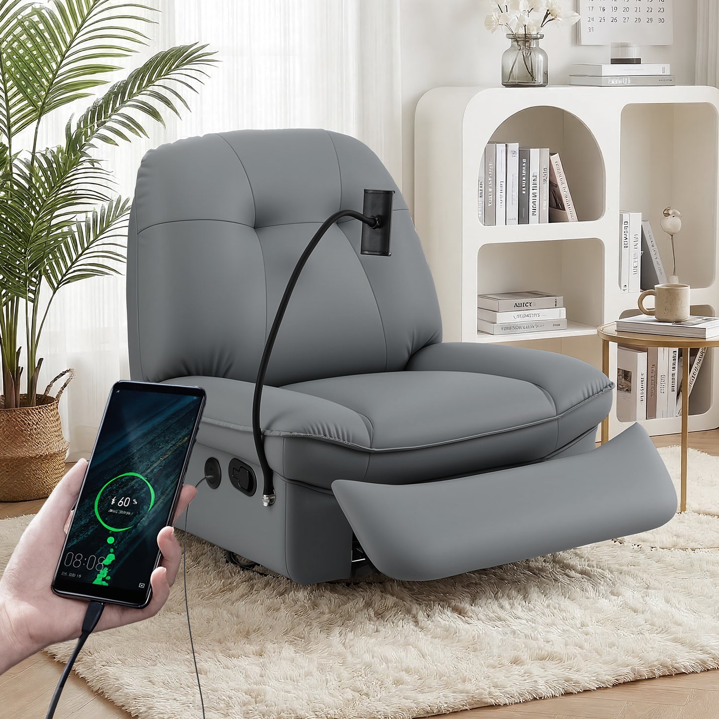 Artiss Swivel Rocker Recliner with USB Ports | PU Leather | Grey