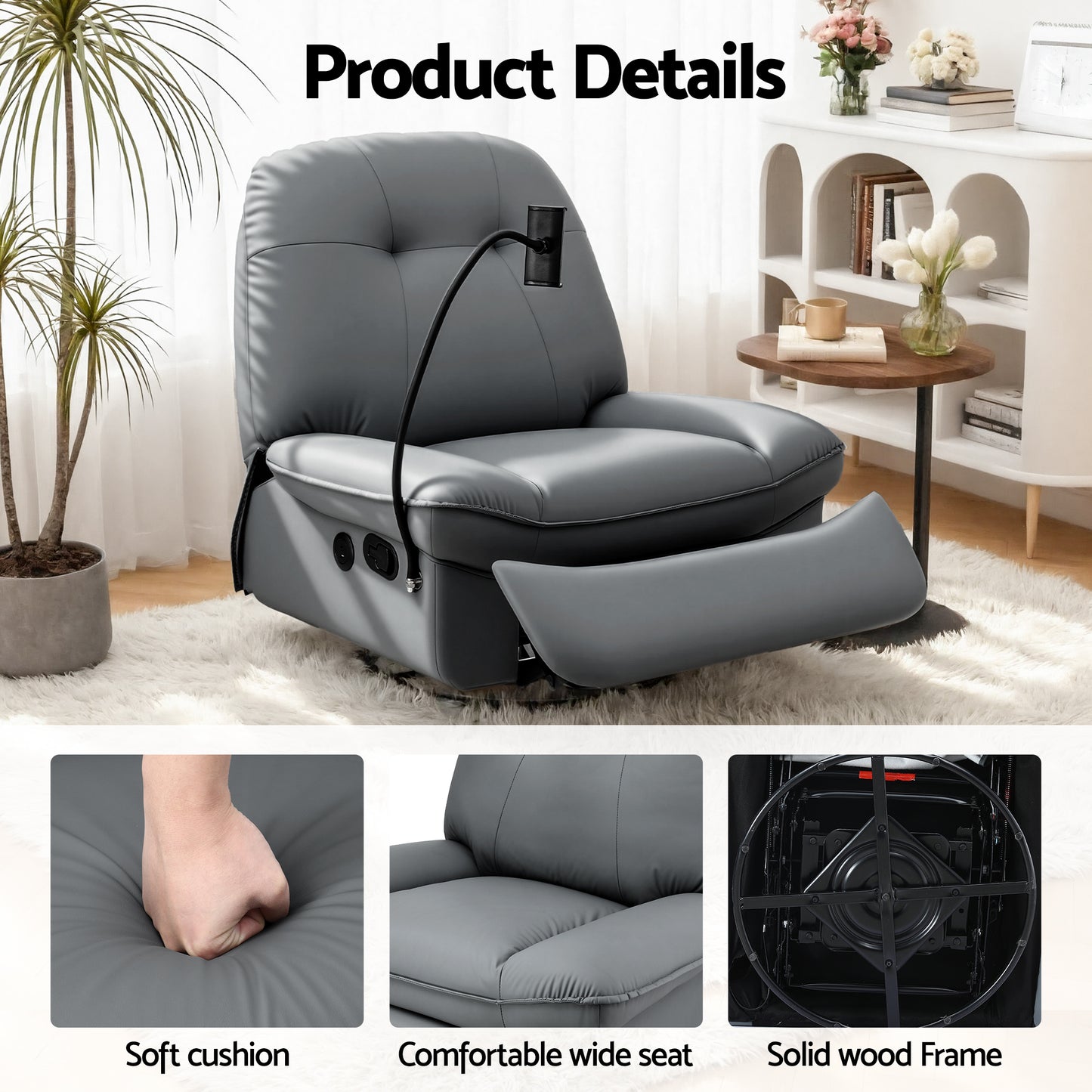 Artiss Swivel Rocker Recliner with USB Ports | PU Leather | Grey