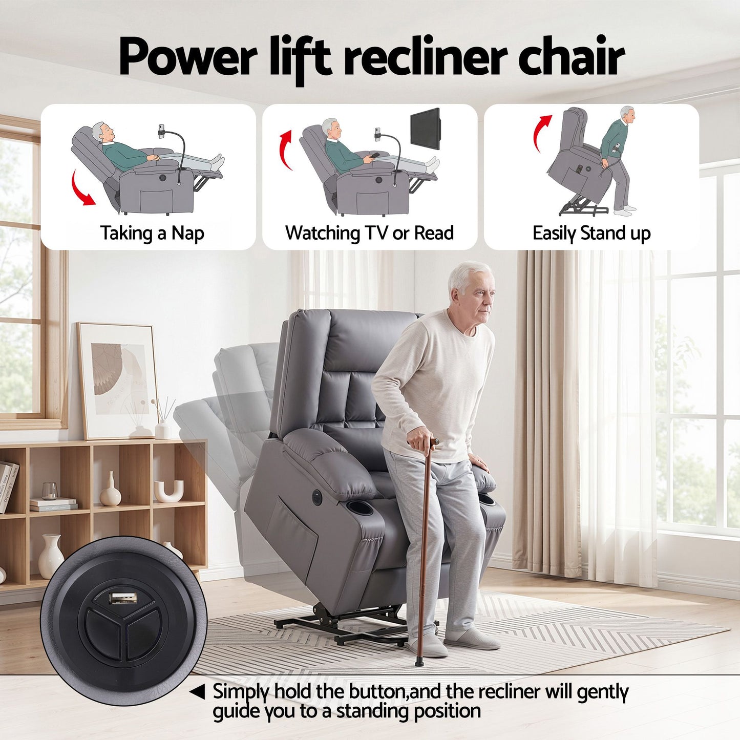 Artiss Power Lift Recliner Chair with Massage & Heat | Grey