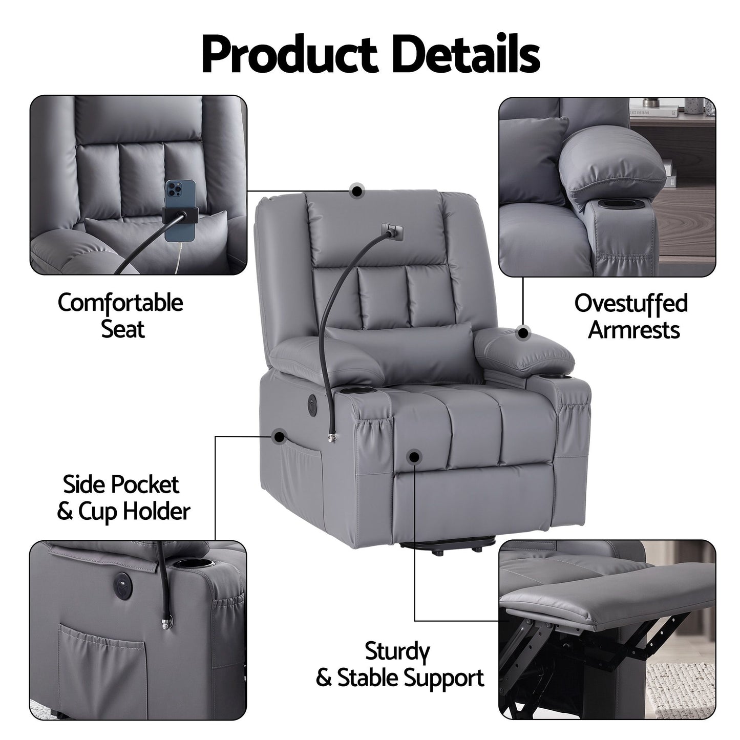 Artiss Power Lift Recliner Chair with Massage & Heat | Grey