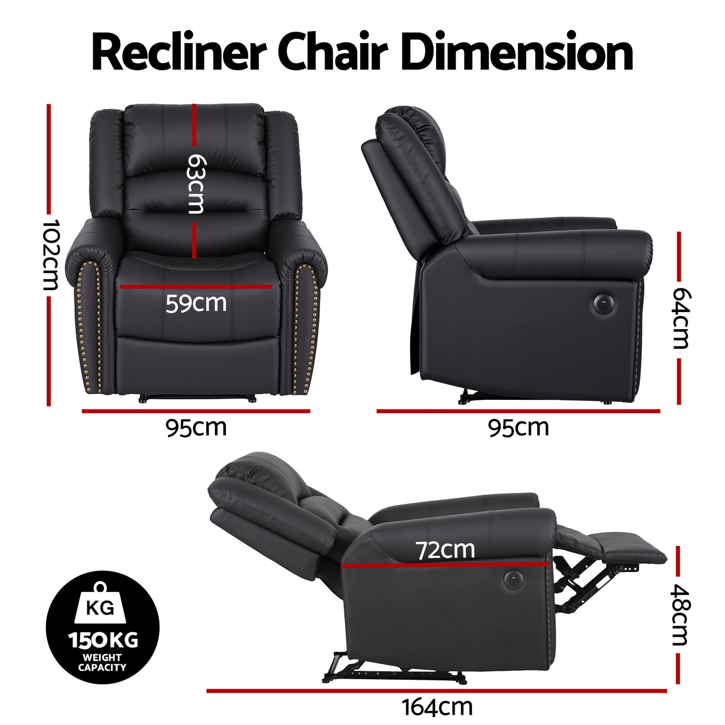 Artiss Manual Recliner Chair with USB Port | Faux Leather | Black
