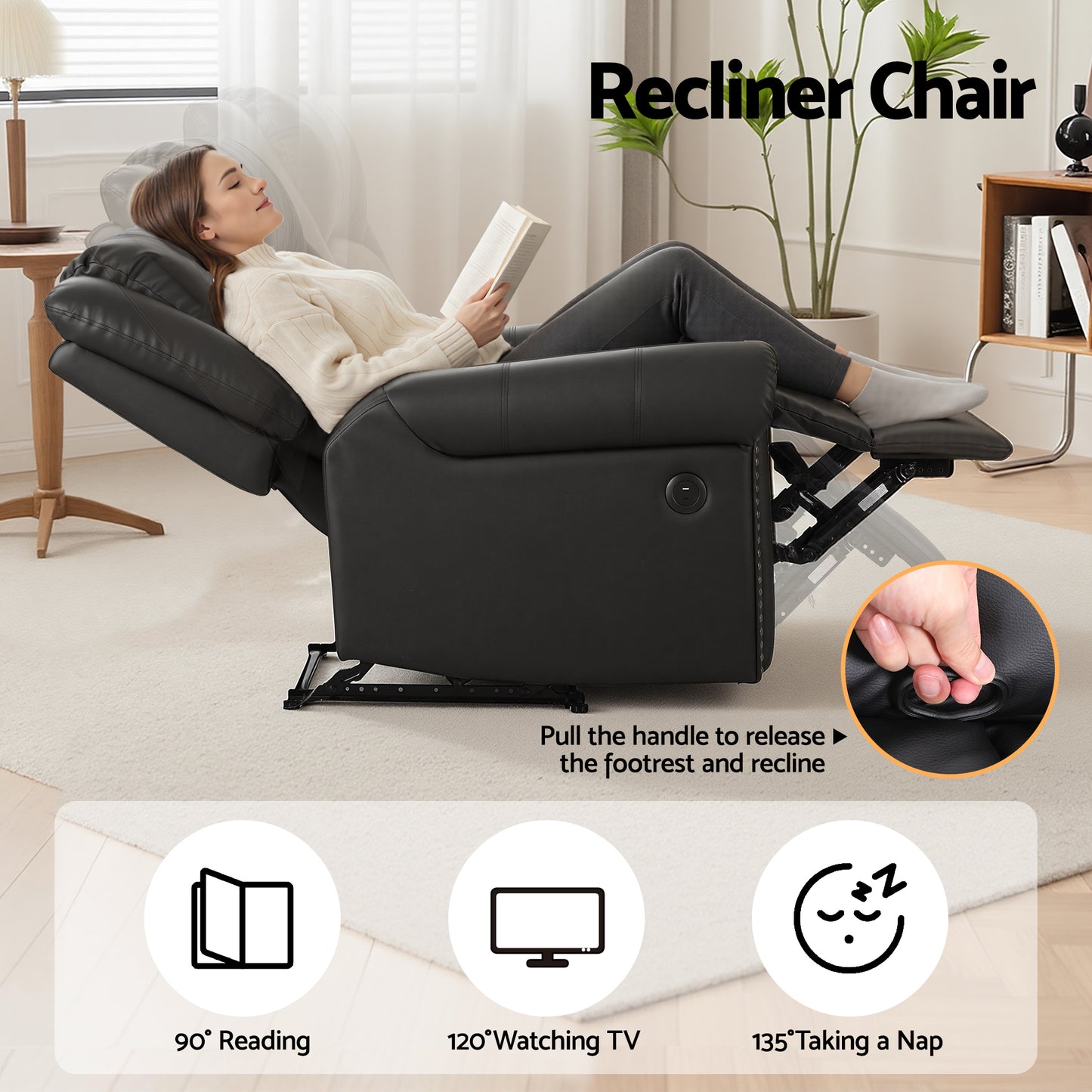 Artiss Manual Recliner Chair with USB Port | Faux Leather | Black