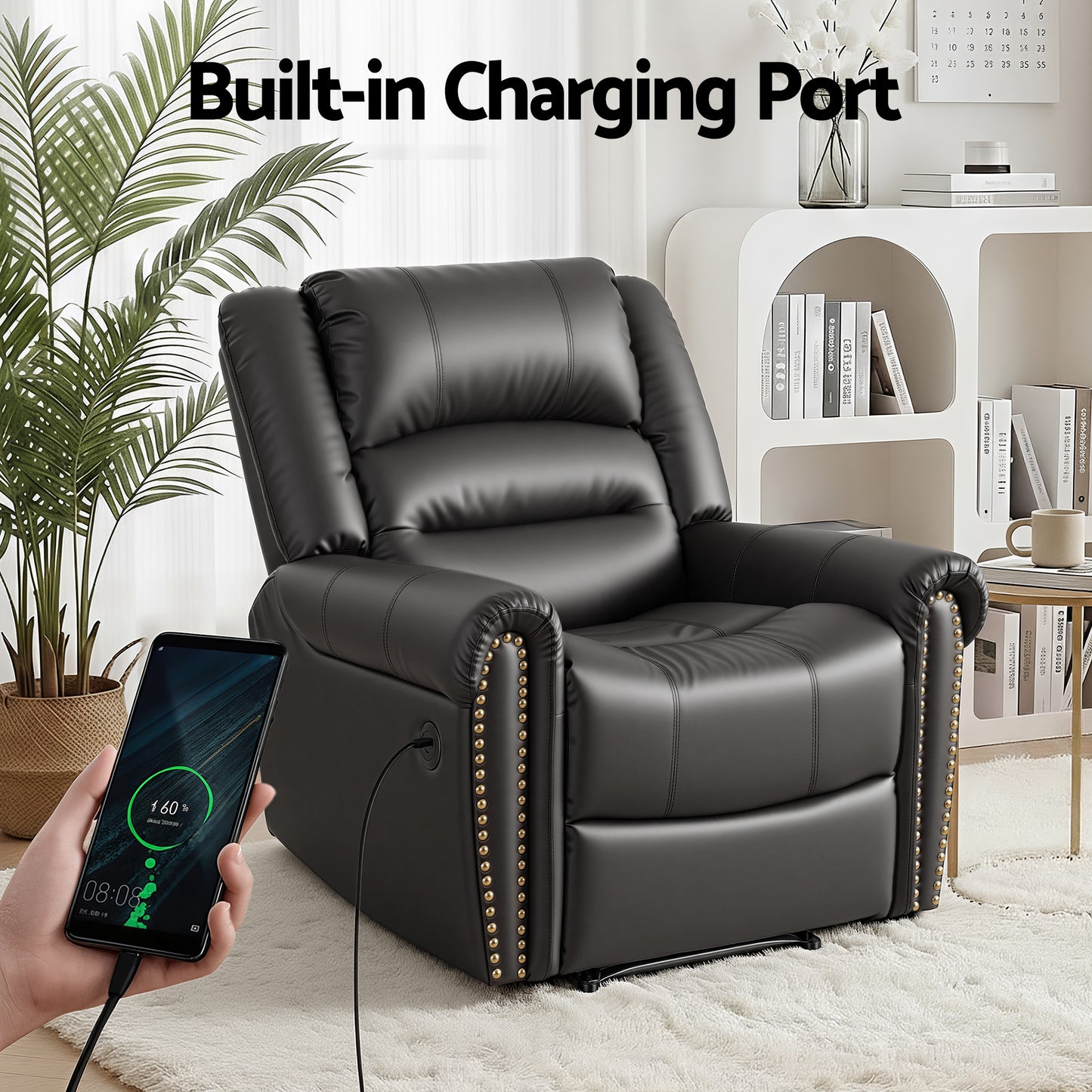 Artiss Manual Recliner Chair with USB Port | Faux Leather | Black