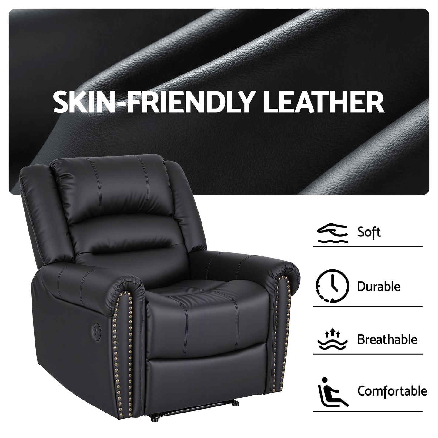 Artiss Manual Recliner Chair with USB Port | Faux Leather | Black