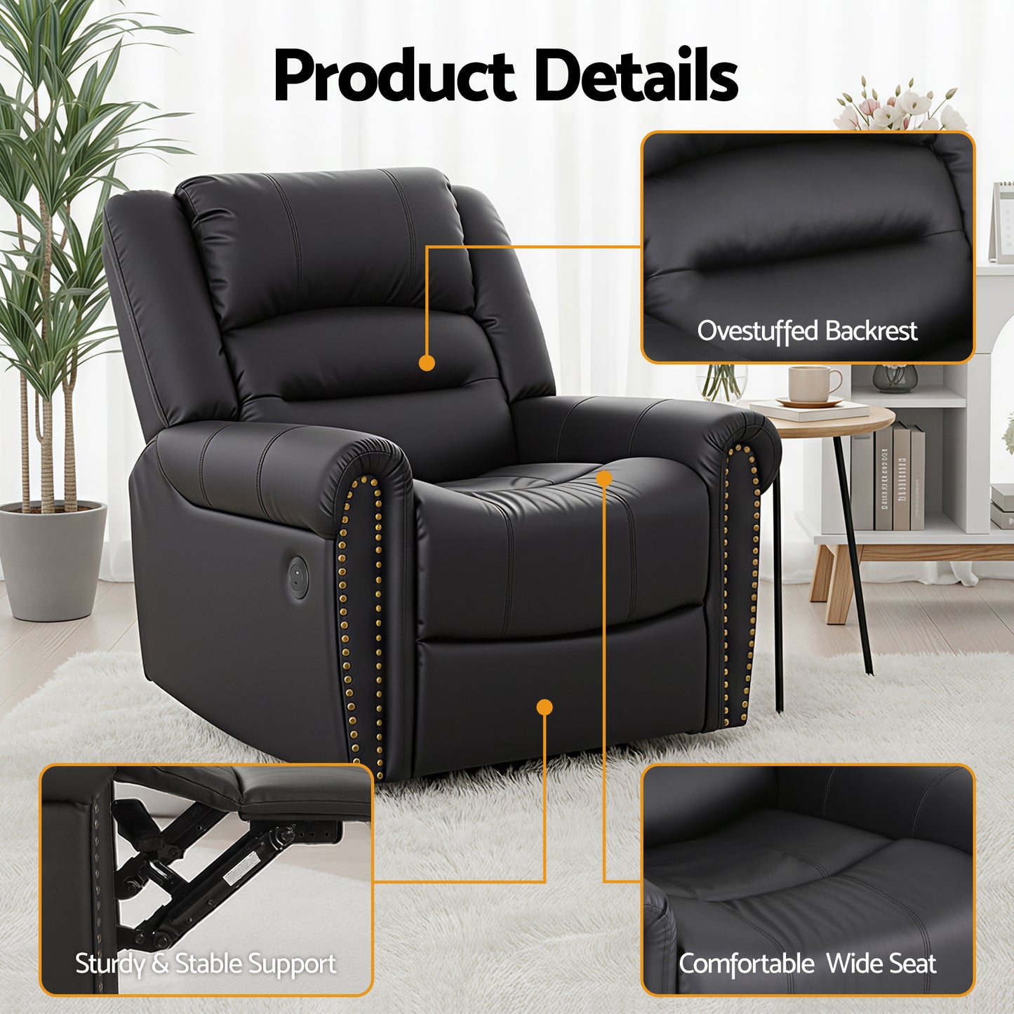 Artiss Manual Recliner Chair with USB Port | Faux Leather | Black