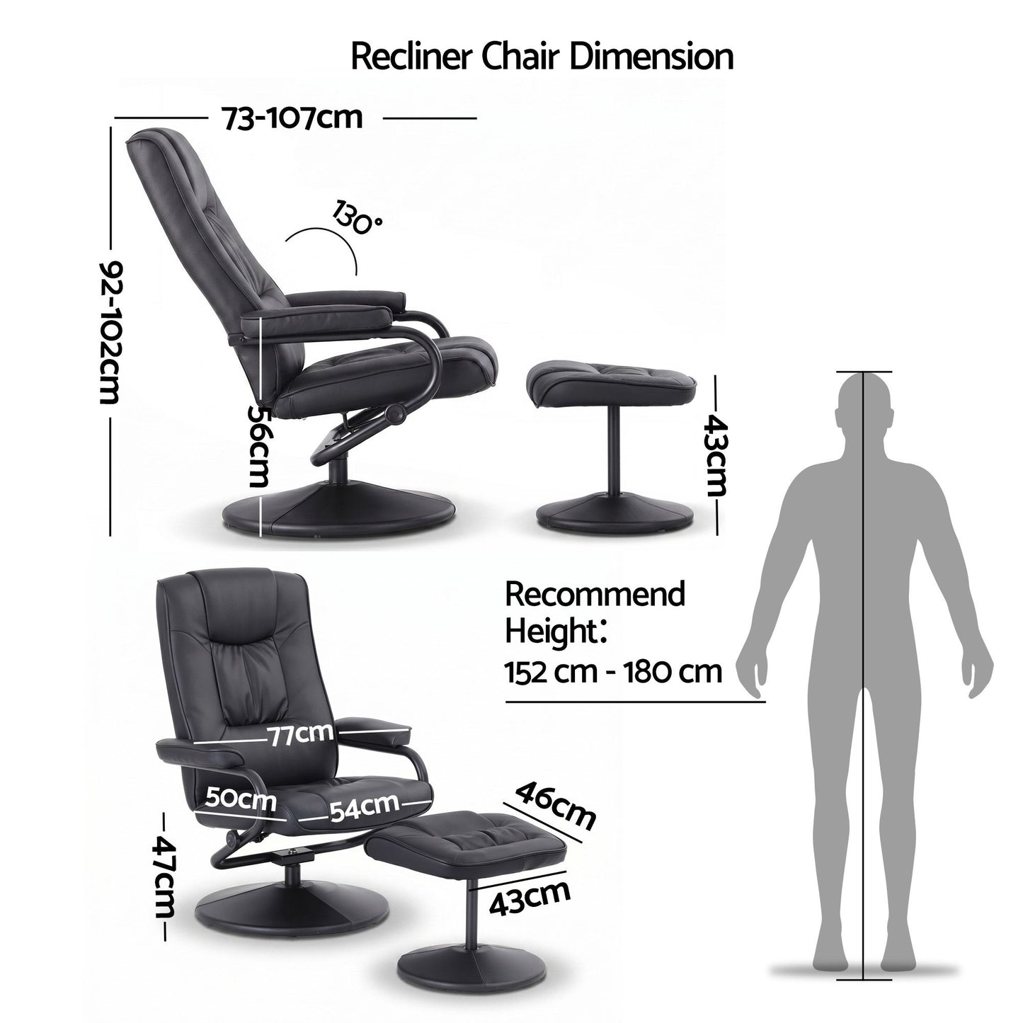 Artiss Swivel Recliner Chair & Ottoman Set | PU Leather | Black