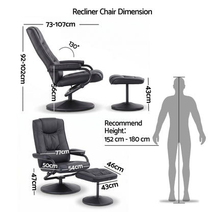 Artiss Swivel Recliner Chair & Ottoman Set | PU Leather | Black
