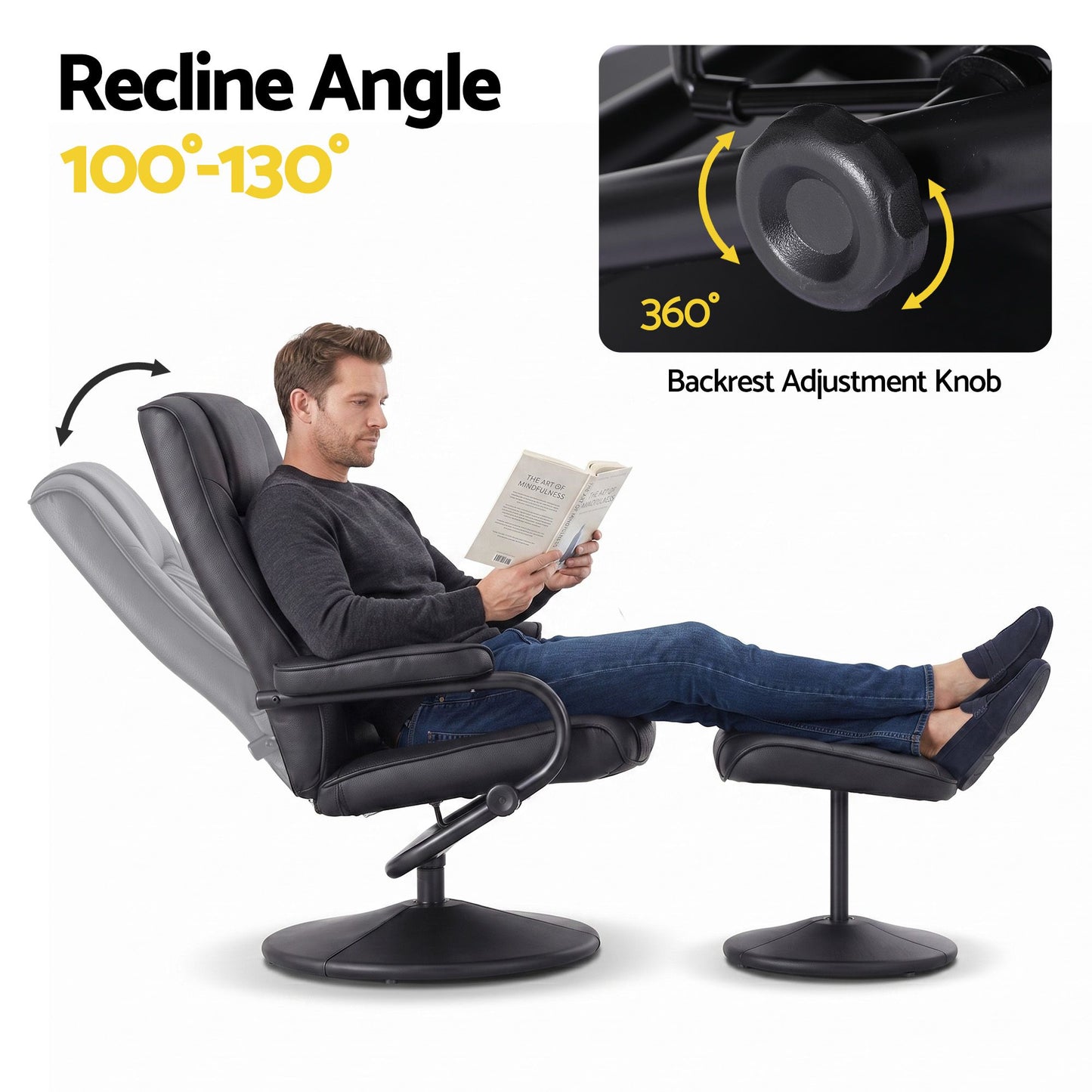 Artiss Swivel Recliner Chair & Ottoman Set | PU Leather | Black