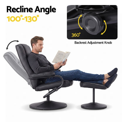Artiss Swivel Recliner Chair & Ottoman Set | PU Leather | Black