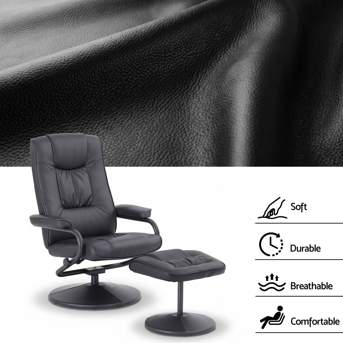 Artiss Swivel Recliner Chair & Ottoman Set | PU Leather | Black