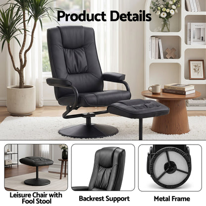 Artiss Swivel Recliner Chair & Ottoman Set | PU Leather | Black