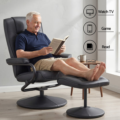 Artiss Swivel Recliner Chair & Ottoman Set | PU Leather | Black