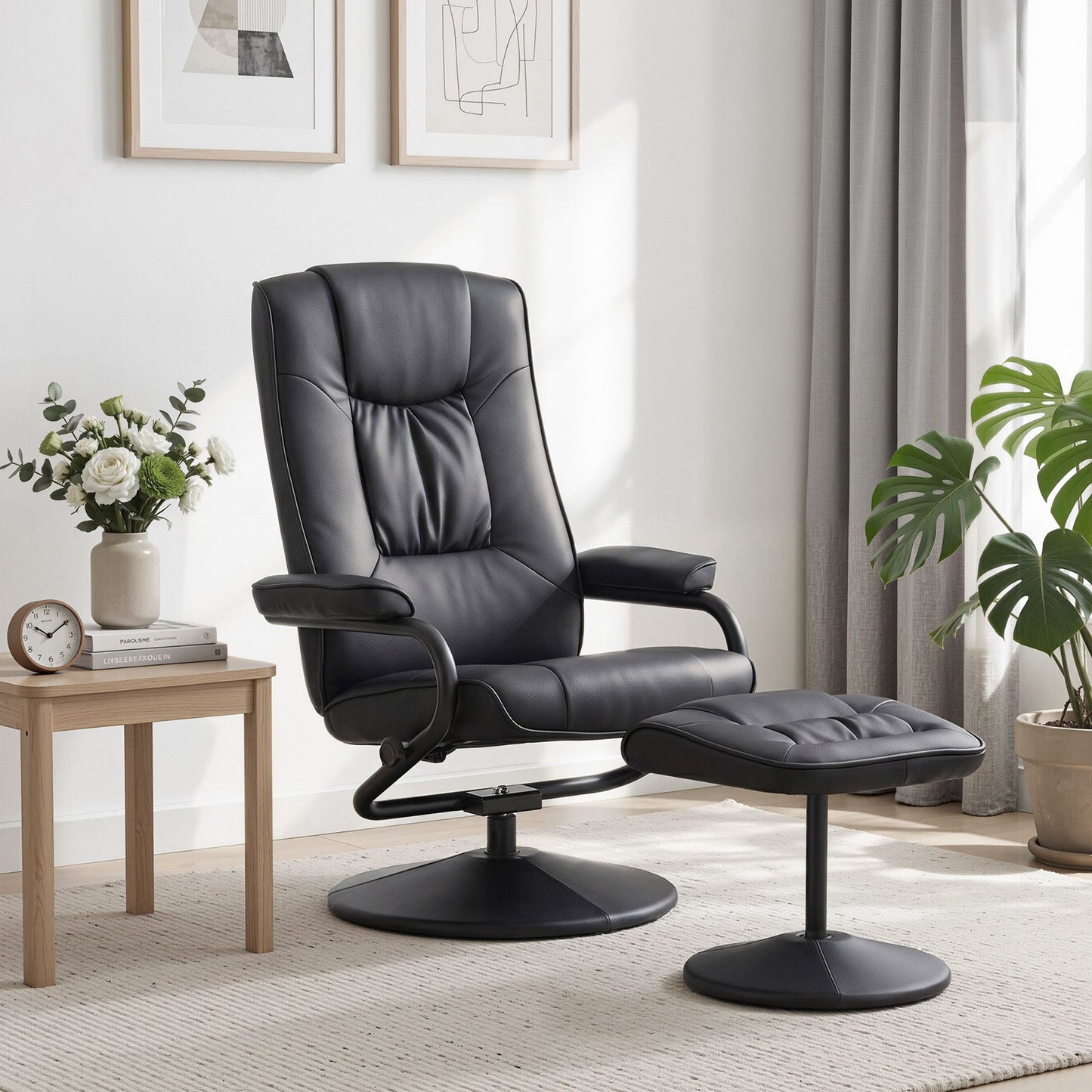 Artiss Swivel Recliner Chair & Ottoman Set | PU Leather | Black
