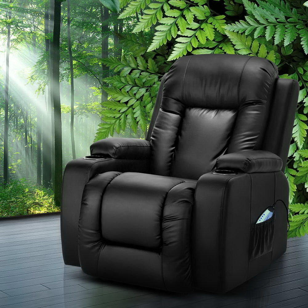 Artiss Recliner Chair Massage Heated 8-Point PU Leather 180kg Black