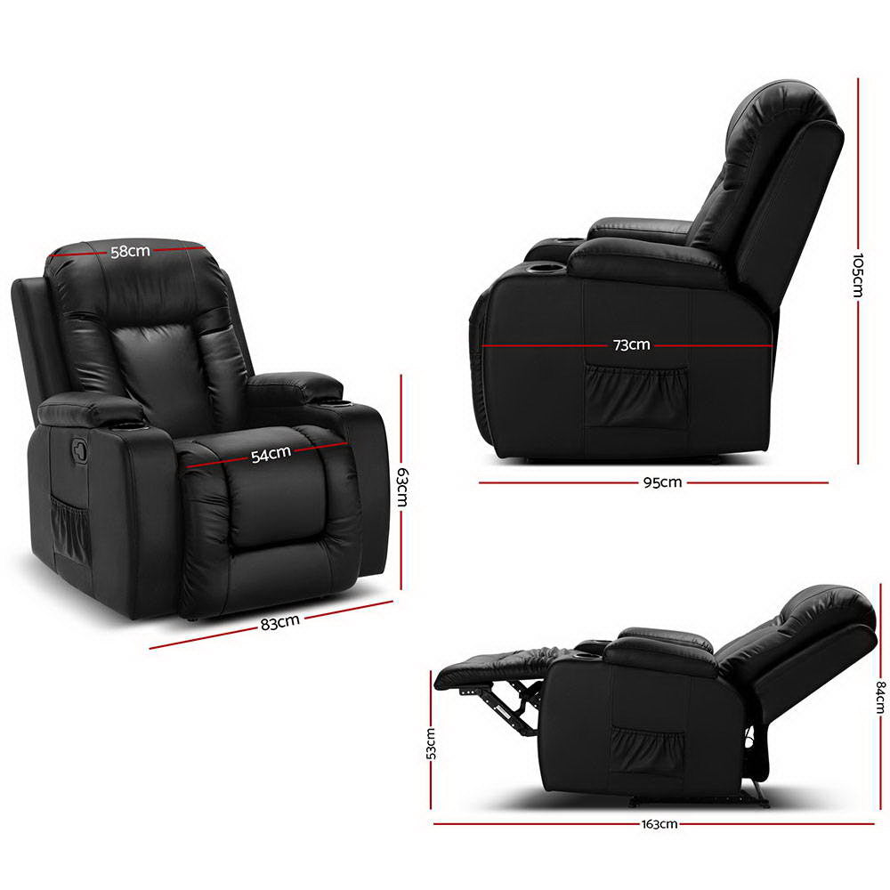 Artiss Recliner Chair Massage Heated 8-Point PU Leather 180kg Black