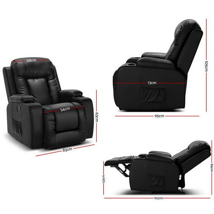 Artiss Recliner Chair Massage Heated 8-Point PU Leather 180kg Black