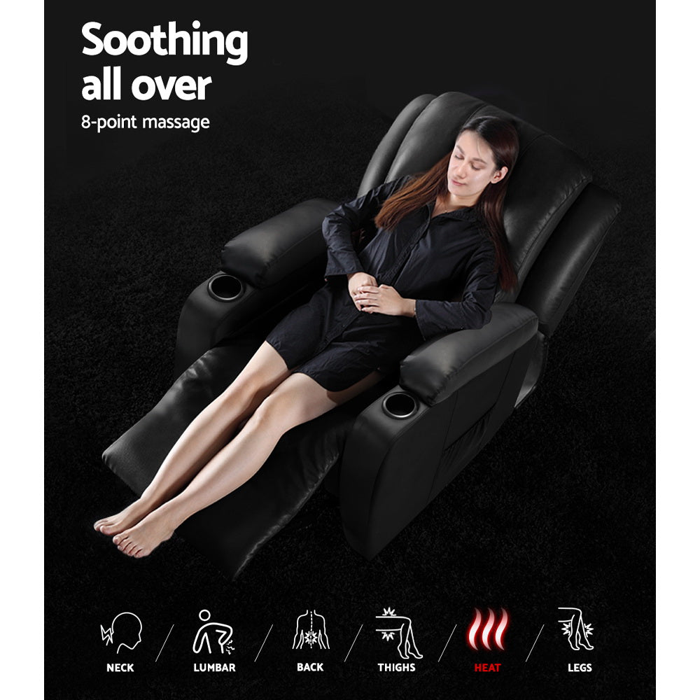Artiss Recliner Chair Massage Heated 8-Point PU Leather 180kg Black