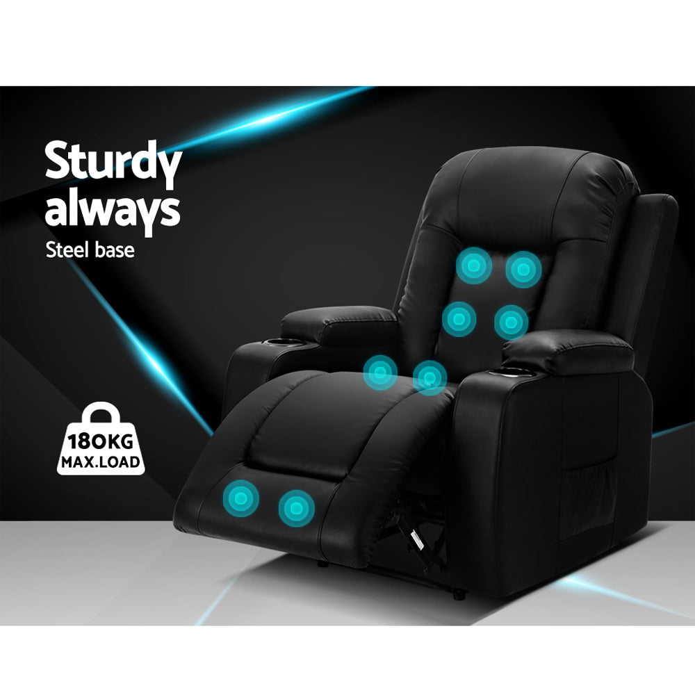 Artiss Recliner Chair Massage Heated 8-Point PU Leather 180kg Black