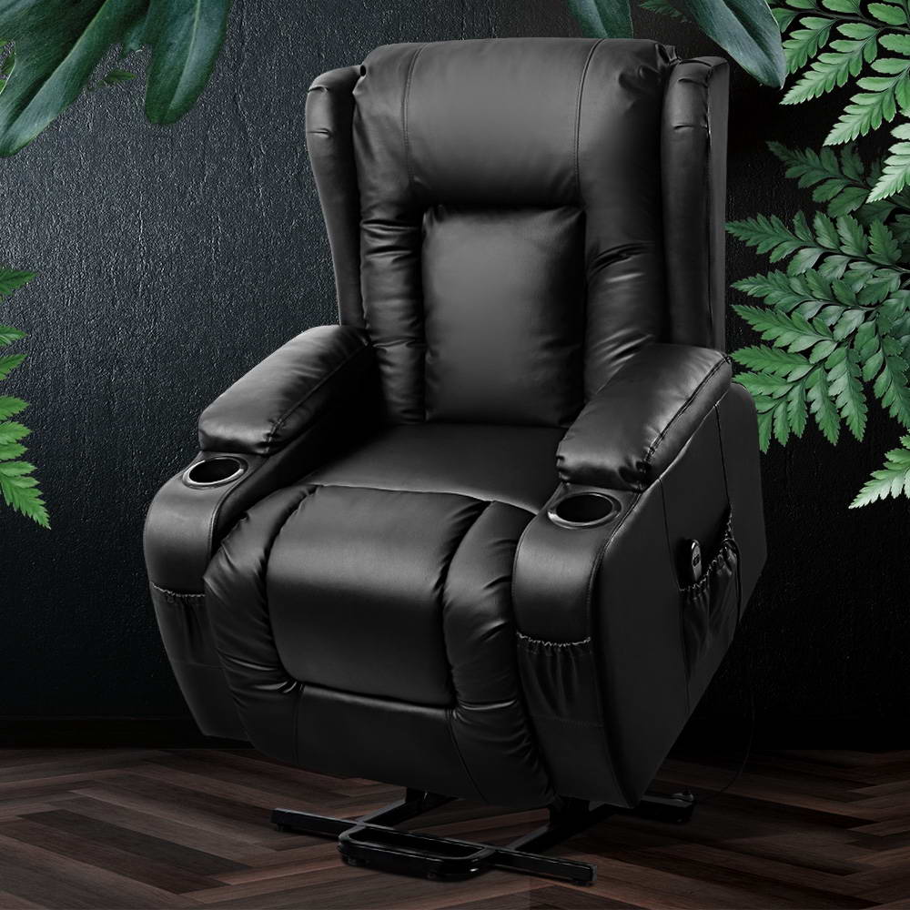 Artiss Lift Recliner Chair 8-Point Heated Massage 135° Recline PU Leather 180kg SAA Black