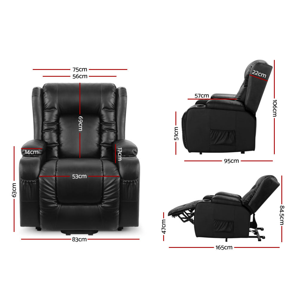 Artiss Lift Recliner Chair 8-Point Heated Massage 135° Recline PU Leather 180kg SAA Black