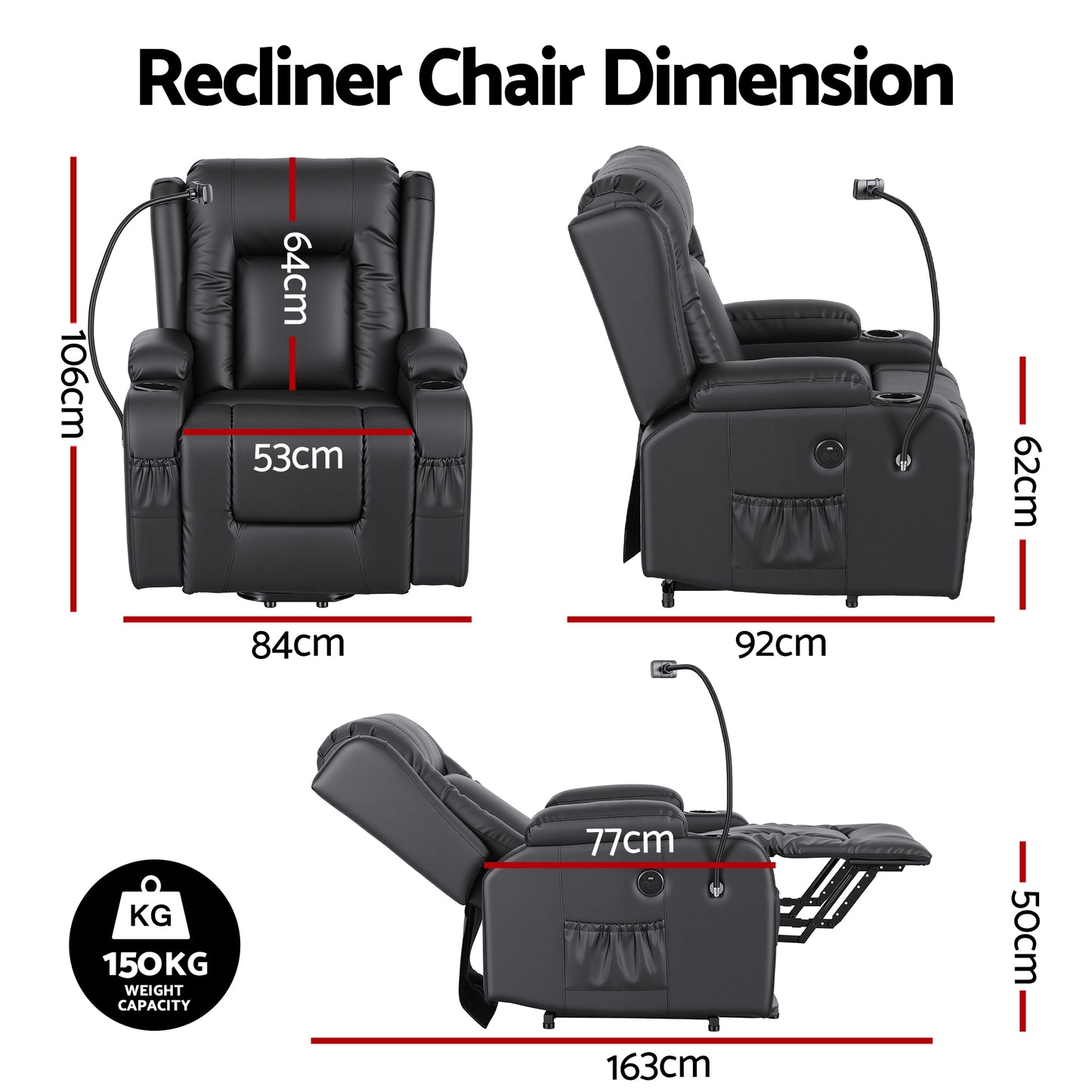 Artiss Lift Recliner Chair 8-Point Heated Massage USB Charging Port Phone Holder 135° Recline PU Leather Black