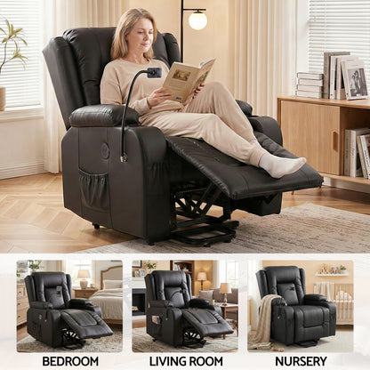 Artiss Lift Recliner Chair 8-Point Heated Massage USB Charging Port Phone Holder 135° Recline PU Leather Black