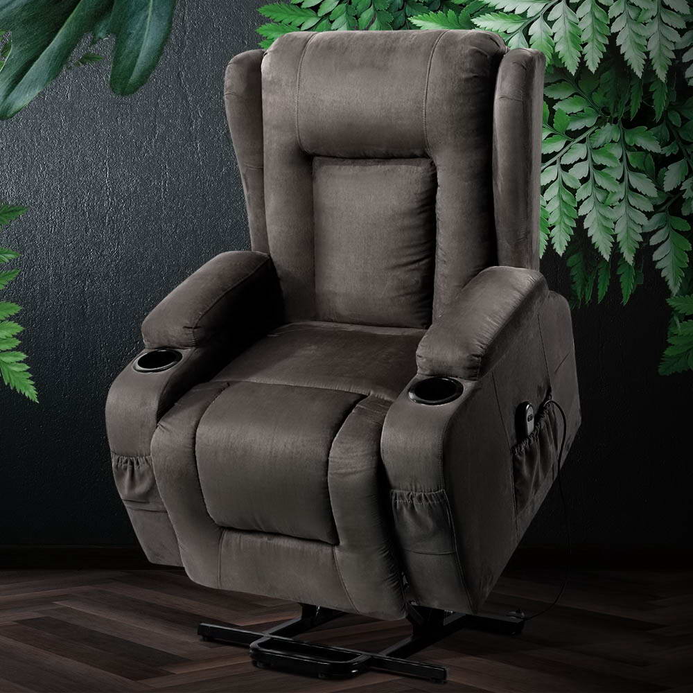 Artiss Lift Recliner Chair 8-Point Heated Massage 135° Recline Suede Fabric 180kg Wheels SAA Grey