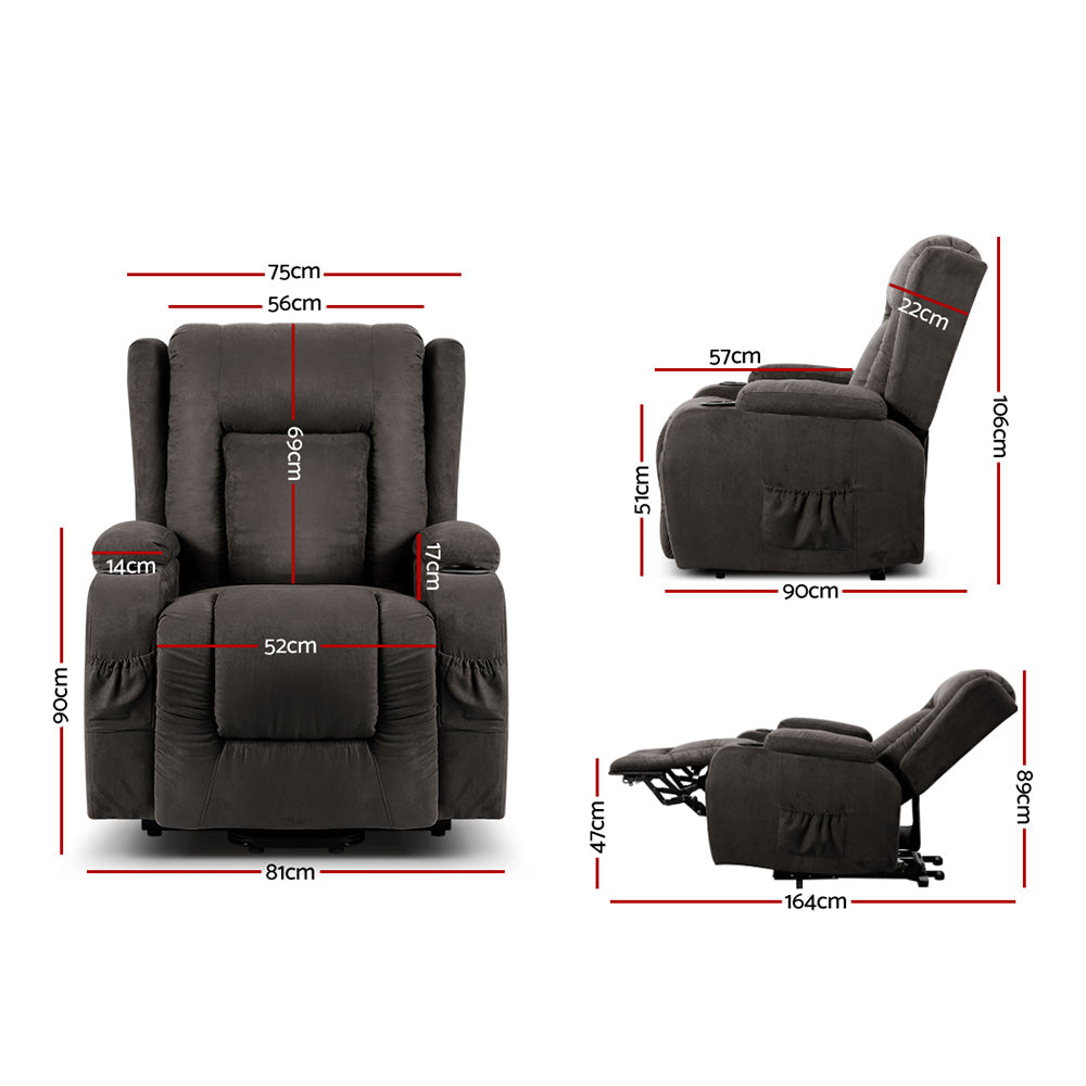 Artiss Lift Recliner Chair 8-Point Heated Massage 135° Recline Suede Fabric 180kg Wheels SAA Grey