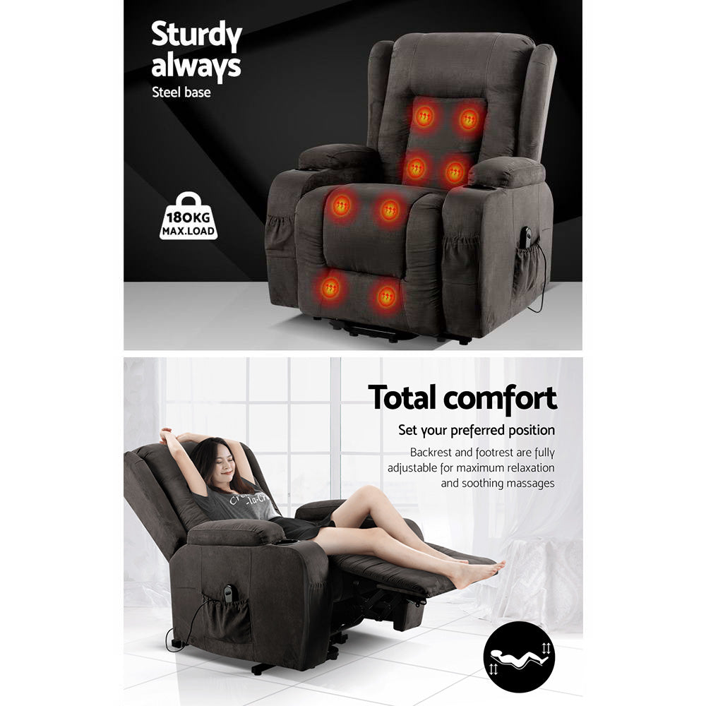 Artiss Lift Recliner Chair 8-Point Heated Massage 135° Recline Suede Fabric 180kg Wheels SAA Grey