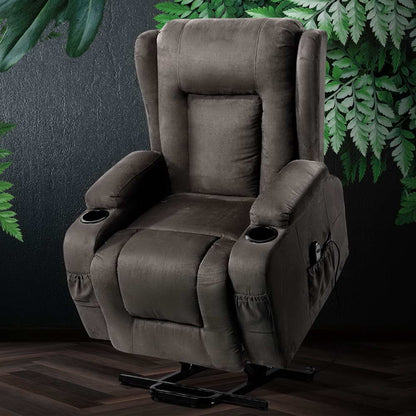 Artiss Lift Recliner Chair 8-Point Heated Massage 135° Recline Suede Fabric 180kg Wheels SAA Grey