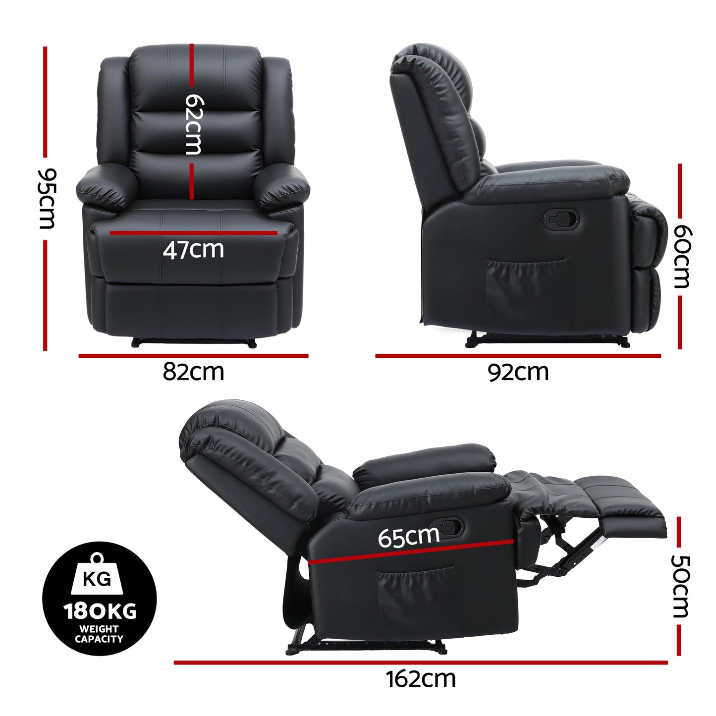 Artiss Manual Recliner Chair with 16-Colour LED | PU Leather | Black