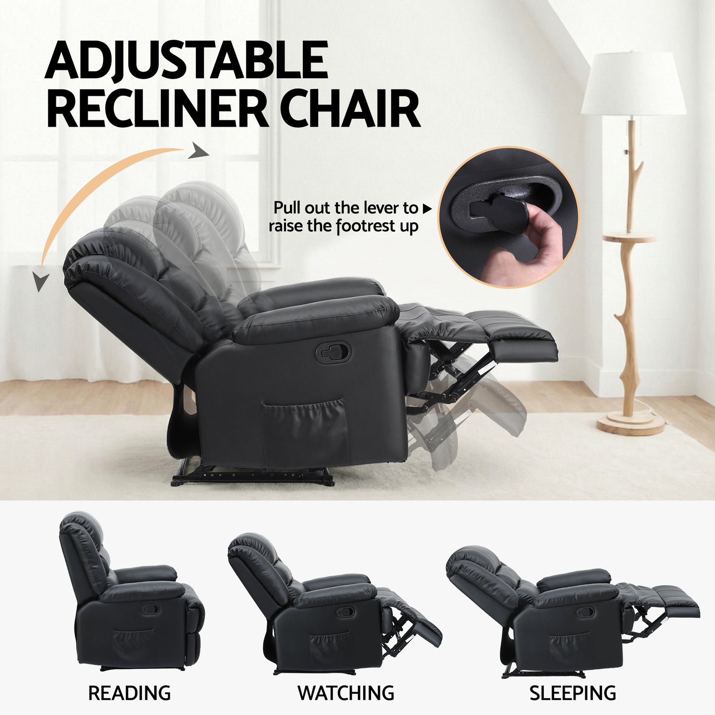 Artiss Manual Recliner Chair with 16-Colour LED | PU Leather | Black