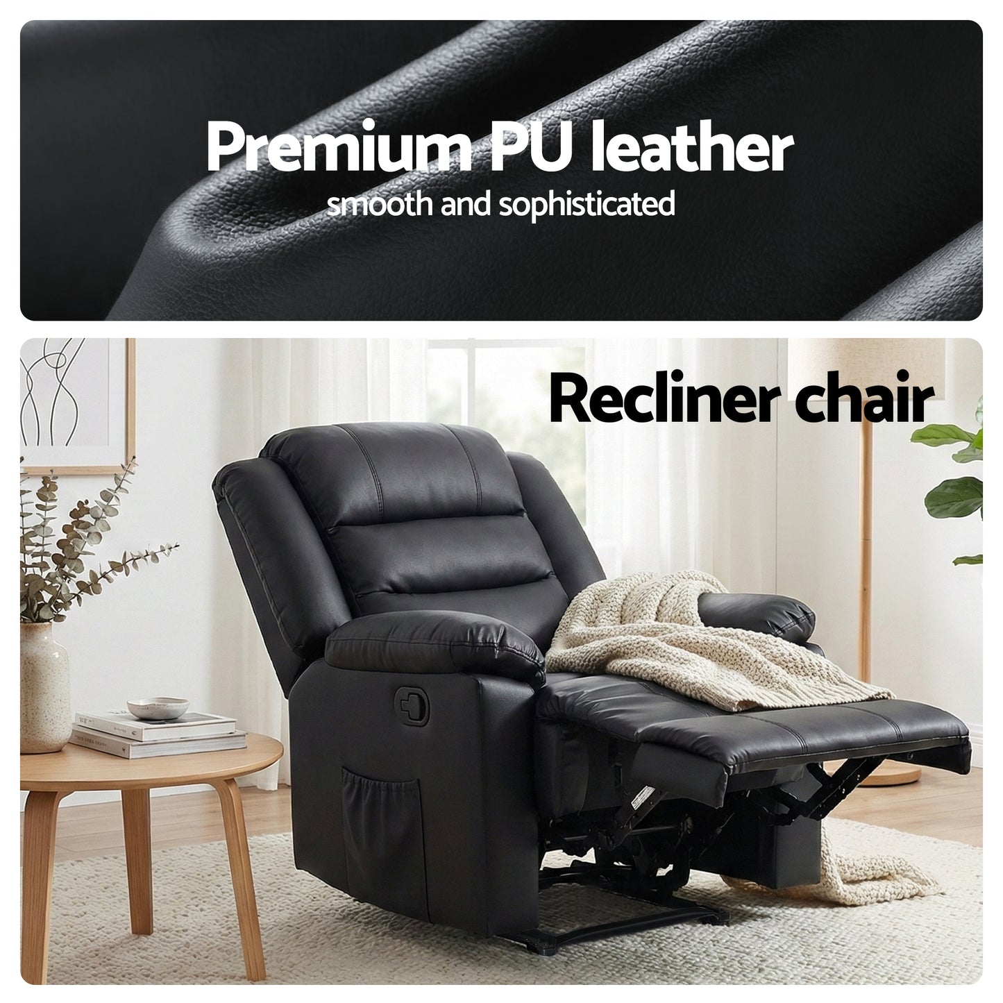 Artiss Manual Recliner Chair with 16-Colour LED | PU Leather | Black