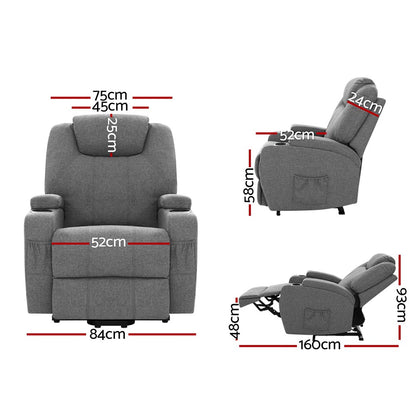 Artiss Lift Recliner Chair 8-Point Heated Massage 160° Recline Faux Linen 150kg SAA Grey