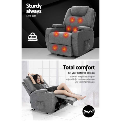 Artiss Lift Recliner Chair 8-Point Heated Massage 160° Recline Faux Linen 150kg SAA Grey