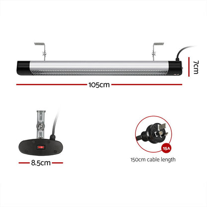 Devanti 3000W Carbon Fibre Radiant Strip Heater Wall Mount Indoor Outdoor IP65 Remote 24Hr Timer