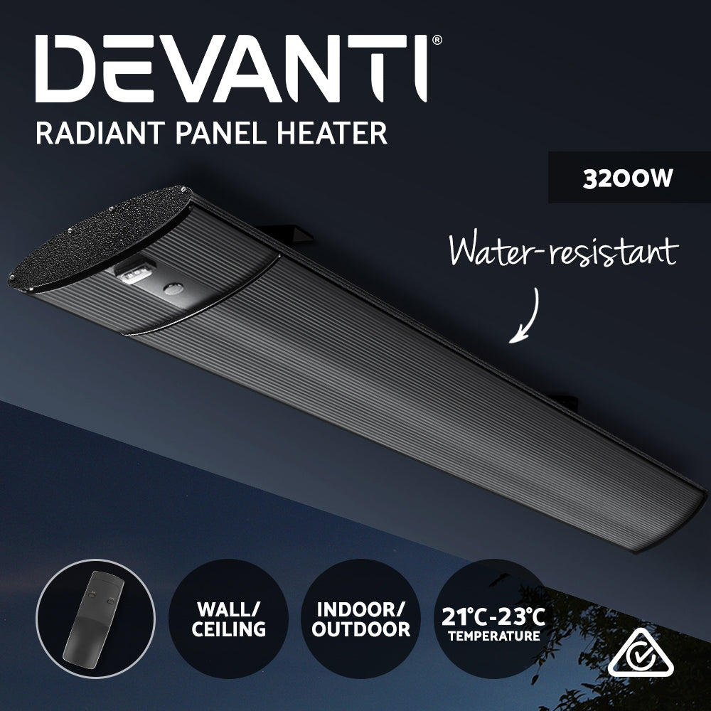 Devanti 3200W Radiant Panel Heater Wall Ceiling Mount Indoor Outdoor IPX4 Remote